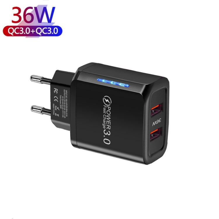 ที่ชาร์จโทรศัพท์มือถือ USB พอร์ตคู่ 36W QC3.0 กำลังขาออกคู่ 18W พร้อมปลั๊ก EU