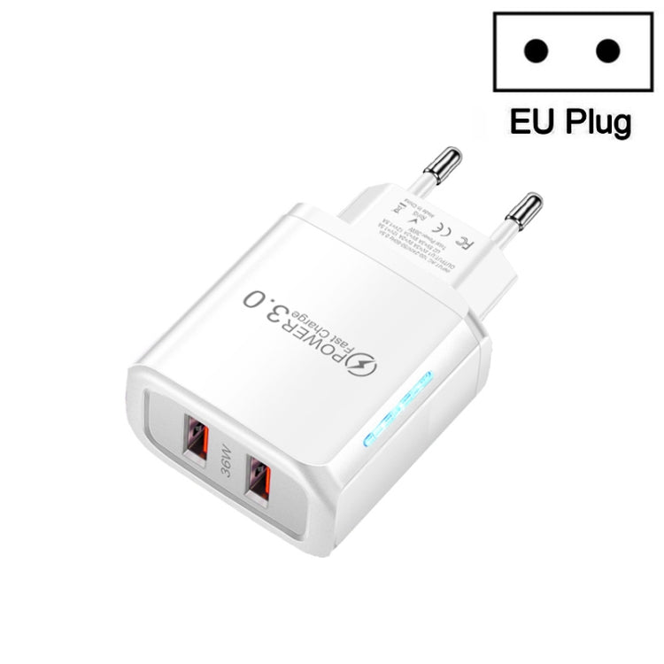 ที่ชาร์จโทรศัพท์มือถือ USB พอร์ตคู่ 36W QC3.0 กำลังขาออกคู่ 18W พร้อมปลั๊ก EU