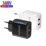 ที่ชาร์จโทรศัพท์มือถือ USB พอร์ตคู่ 36W QC3.0 กำลังขาออกคู่ 18W พร้อมปลั๊ก EU