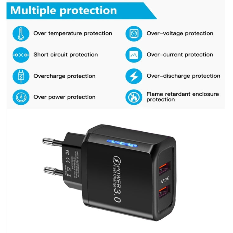 ที่ชาร์จโทรศัพท์มือถือ USB พอร์ตคู่ 36W QC3.0 กำลังขาออกคู่ 18W พร้อมปลั๊ก EU