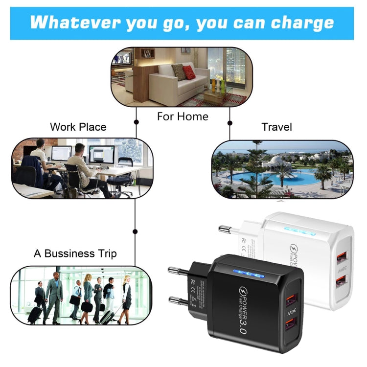 ที่ชาร์จโทรศัพท์มือถือ USB พอร์ตคู่ 36W QC3.0 กำลังขาออกคู่ 18W พร้อมปลั๊ก EU