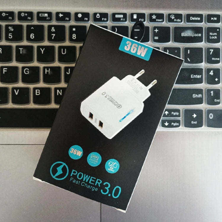 ที่ชาร์จโทรศัพท์มือถือ USB พอร์ตคู่ 36W QC3.0 กำลังขาออกคู่ 18W พร้อมปลั๊ก EU