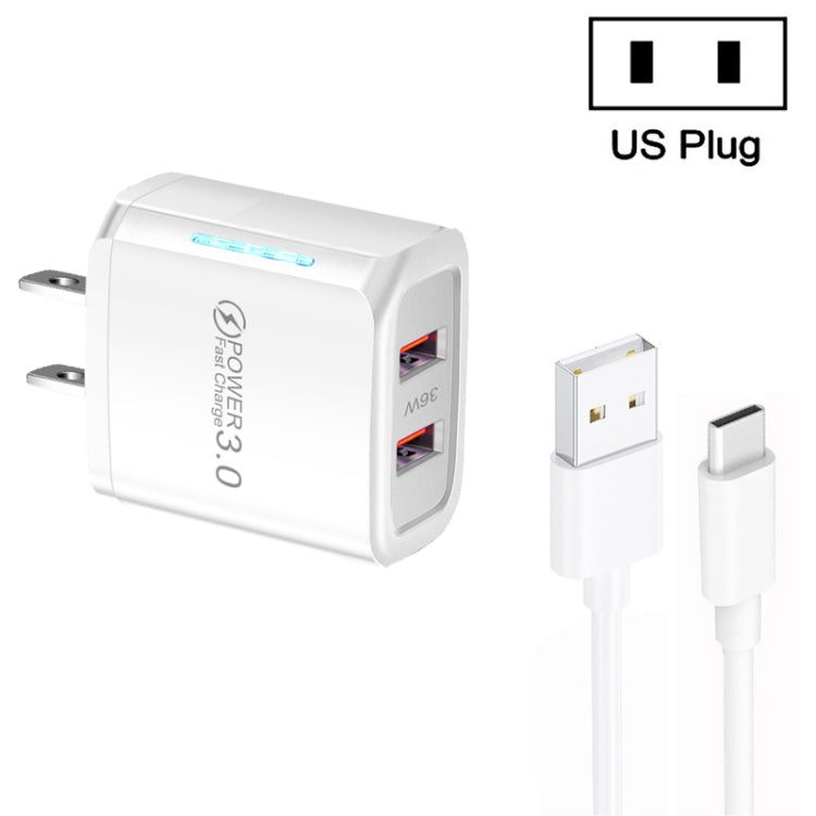 ที่ชาร์จ USB สองพอร์ต 36W QC3.0 พร้อมสายข้อมูล USB 3A ถึง Type-C, ปลั๊ก US, ปลั๊ก US + สาย USB ถึง Type-C