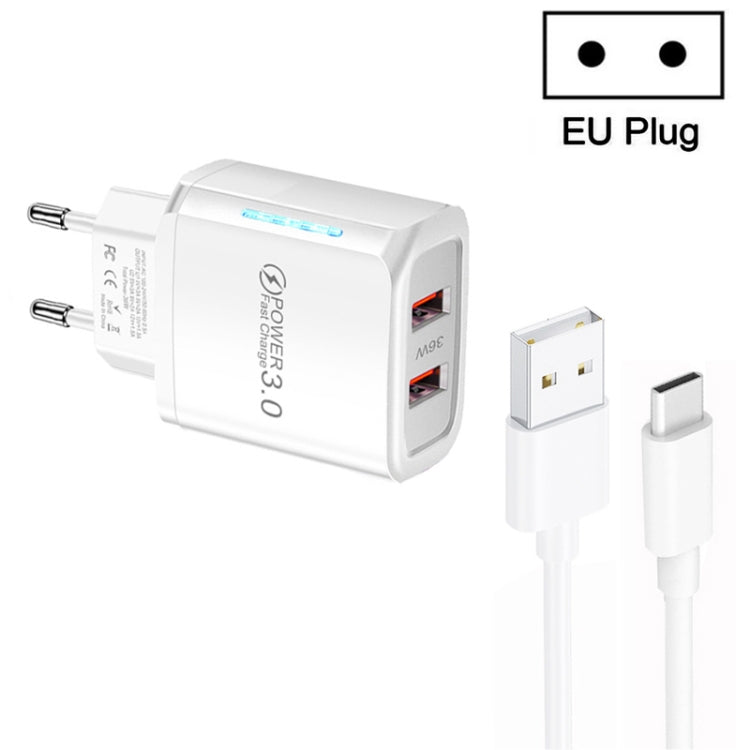 ที่ชาร์จ USB สองพอร์ต 36W QC3.0 พร้อมสายข้อมูล USB 3A ถึง Type-C, ปลั๊ก EU, ปลั๊ก EU + สาย USB ถึง Type-C