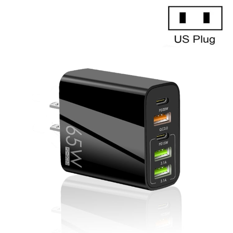 ที่ชาร์จพอร์ต USB หลายพอร์ต 65W Dual PD Type-C + 3 x USB สำหรับโทรศัพท์และแท็บเล็ต พร้อมปลั๊ก US