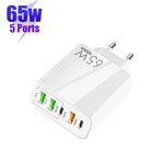 ที่ชาร์จพอร์ต USB หลายพอร์ต 65W Dual PD Type-C + 3 x USB สำหรับโทรศัพท์และแท็บเล็ต พร้อมปลั๊ก EU