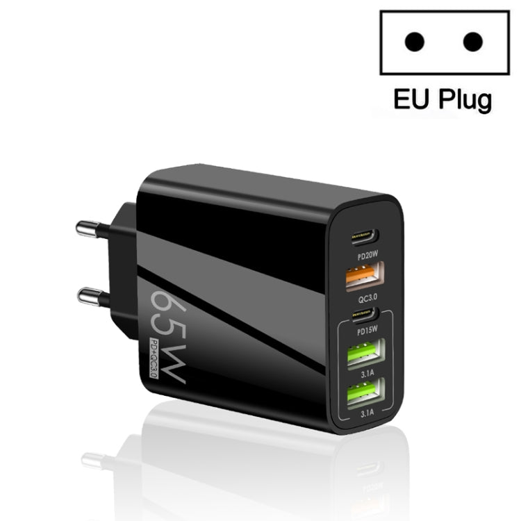 ที่ชาร์จพอร์ต USB หลายพอร์ต 65W Dual PD Type-C + 3 x USB สำหรับโทรศัพท์และแท็บเล็ต พร้อมปลั๊ก EU