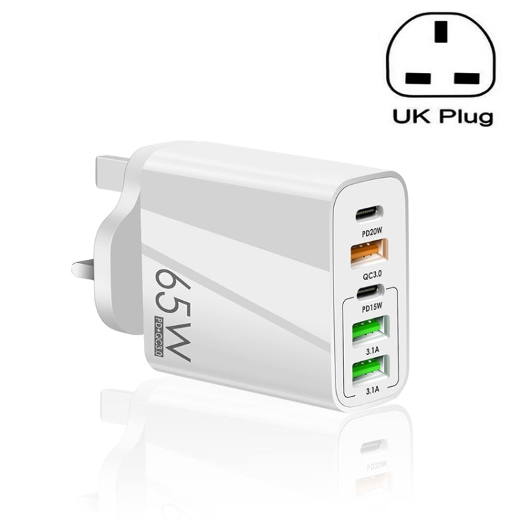ที่ชาร์จพอร์ต USB หลายพอร์ต 65W Dual PD Type-C + 3 x USB สำหรับโทรศัพท์และแท็บเล็ต พร้อมปลั๊ก UK