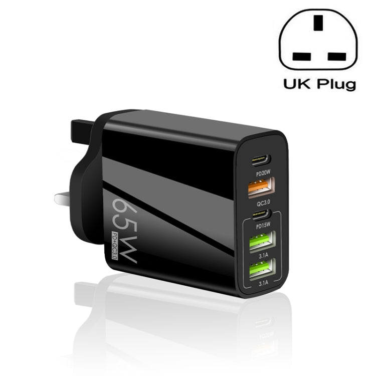 ที่ชาร์จพอร์ต USB หลายพอร์ต 65W Dual PD Type-C + 3 x USB สำหรับโทรศัพท์และแท็บเล็ต พร้อมปลั๊ก UK