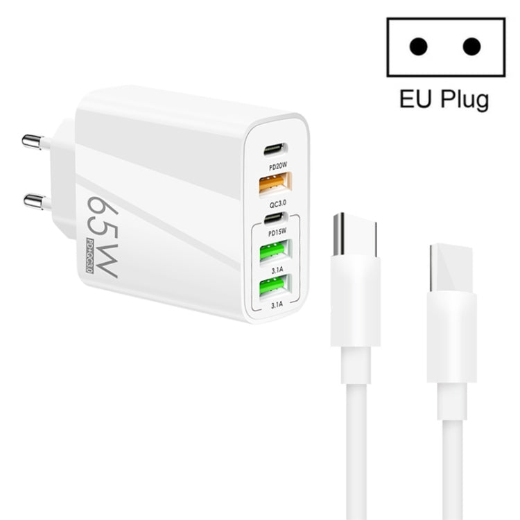 ที่ชาร์จ USB หลายพอร์ต 65W Dual PD Type-C + 3 x USB พร้อมสายข้อมูล Type-C 3A ถึง Type-C, ปลั๊ก US, ปลั๊ก EU + สาย Type-C ถึง Type-C