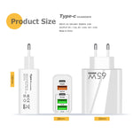ที่ชาร์จ USB หลายพอร์ต 65W Dual PD Type-C + 3 x USB พร้อมสายข้อมูล Type-C 3A ถึง Type-C, ปลั๊ก US, ปลั๊ก EU + สาย Type-C ถึง Type-C