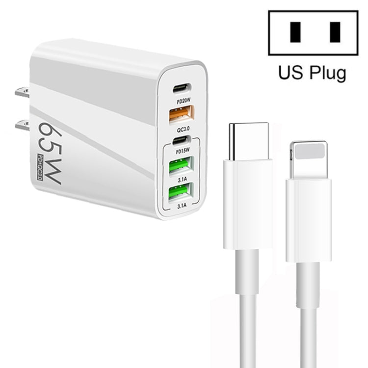 ที่ชาร์จพอร์ต USB หลายพอร์ต 65W Dual PD Type-C + 3 x USB พร้อมสายข้อมูล 3A Type-C เป็น 8 Pin และปลั๊ก US