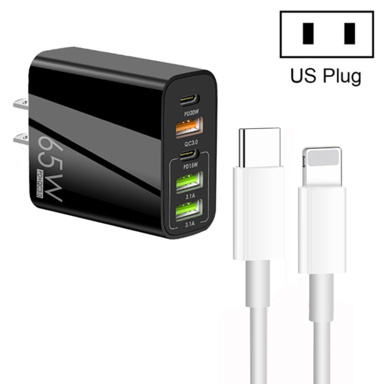 ที่ชาร์จพอร์ต USB หลายพอร์ต 65W Dual PD Type-C + 3 x USB พร้อมสายข้อมูล 3A Type-C เป็น 8 Pin และปลั๊ก US