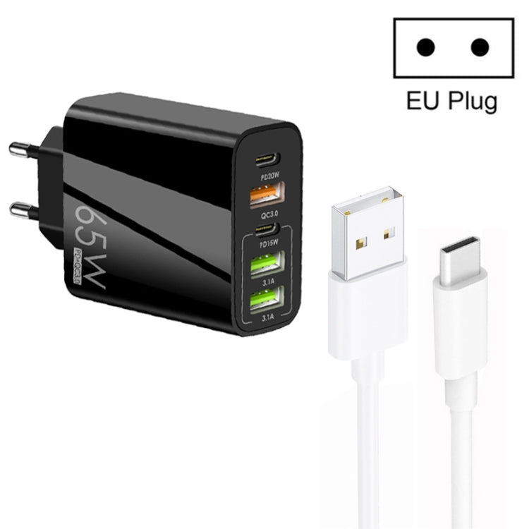 ที่ชาร์จพอร์ตคู่ 65W Dual PD Type-C + 3 x USB พร้อมสายข้อมูล USB to Type-C 3A ปลั๊กยุโรป ปลั๊กยุโรป + สาย USB to Type-C