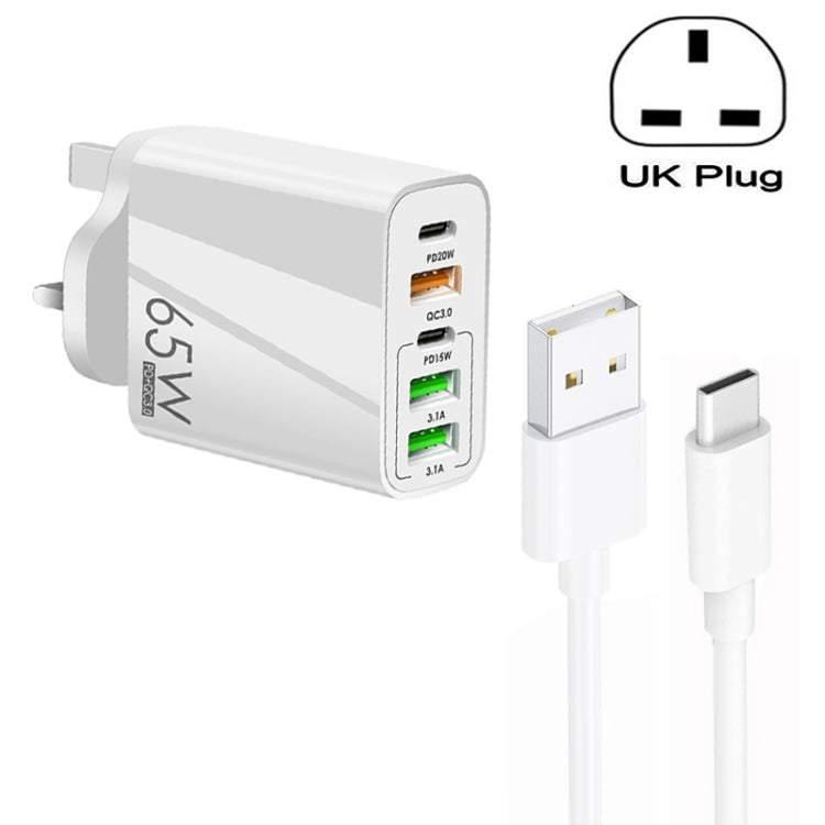 ที่ชาร์จพอร์ตคู่ 65W Dual PD Type-C + 3 x USB พร้อมสายข้อมูล USB to Type-C 3A ปลั๊กสหราชอาณาจักร ปลั๊กสหราชอาณาจักร + สาย USB to Type-C