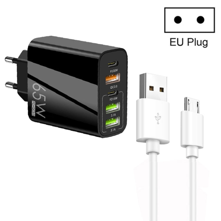 ที่ชาร์จพอร์ตคู่ 65W Dual PD Type-C + 3 x USB พร้อมสายข้อมูล USB to Micro USB 3A ปลั๊กยุโรป ปลั๊กยุโรป + สาย USB to Micro USB