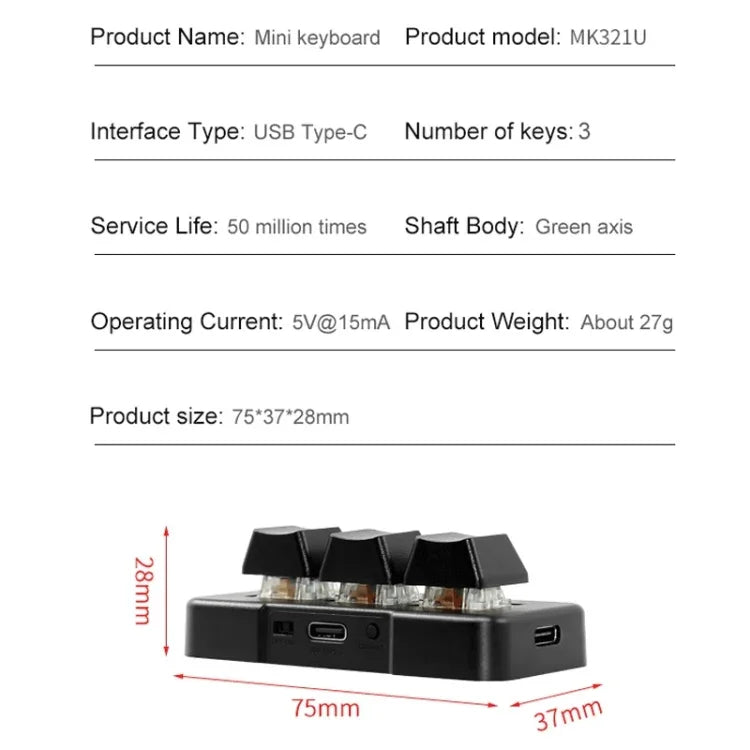 MK321BT แป้นพิมพ์เกมและออฟฟิศ 3 ปุ่ม ปรับแต่งได้ บลูทูธ 5.1 พร้อมโปรแกรมมาโครและคลิป PS