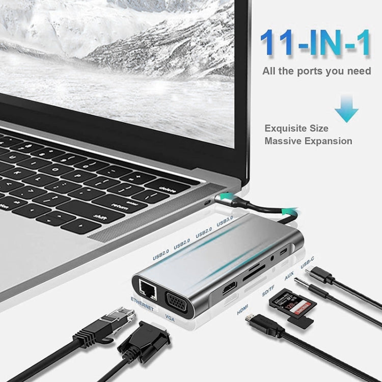 USB C HUB, อะแดปเตอร์ USB C 11 in 1 Dongle พร้อม 4K HDMI, VGA, Type C PD, USB3.0, RJ45 Ethernet, เครื่องอ่านการ์ด SD/TF, ช่อง AUX 3.5 มม., สถานีเชื่อมต่อรองรับ MacBook Pro/Air และแล็ปท็อป/อุปกรณ์ Type C อื่นๆ