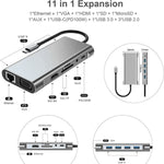 USB C HUB, อะแดปเตอร์ USB C 11 in 1 Dongle พร้อม 4K HDMI, VGA, Type C PD, USB3.0, RJ45 Ethernet, เครื่องอ่านการ์ด SD/TF, ช่อง AUX 3.5 มม., สถานีเชื่อมต่อรองรับ MacBook Pro/Air และแล็ปท็อป/อุปกรณ์ Type C อื่นๆ