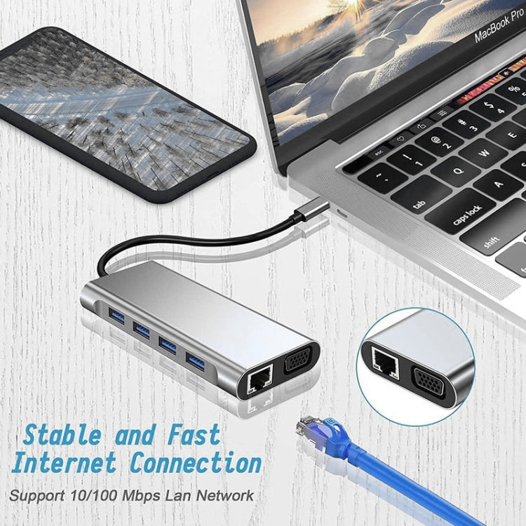 USB C HUB, อะแดปเตอร์ USB C 11 in 1 Dongle พร้อม 4K HDMI, VGA, Type C PD, USB3.0, RJ45 Ethernet, เครื่องอ่านการ์ด SD/TF, ช่อง AUX 3.5 มม., สถานีเชื่อมต่อรองรับ MacBook Pro/Air และแล็ปท็อป/อุปกรณ์ Type C อื่นๆ