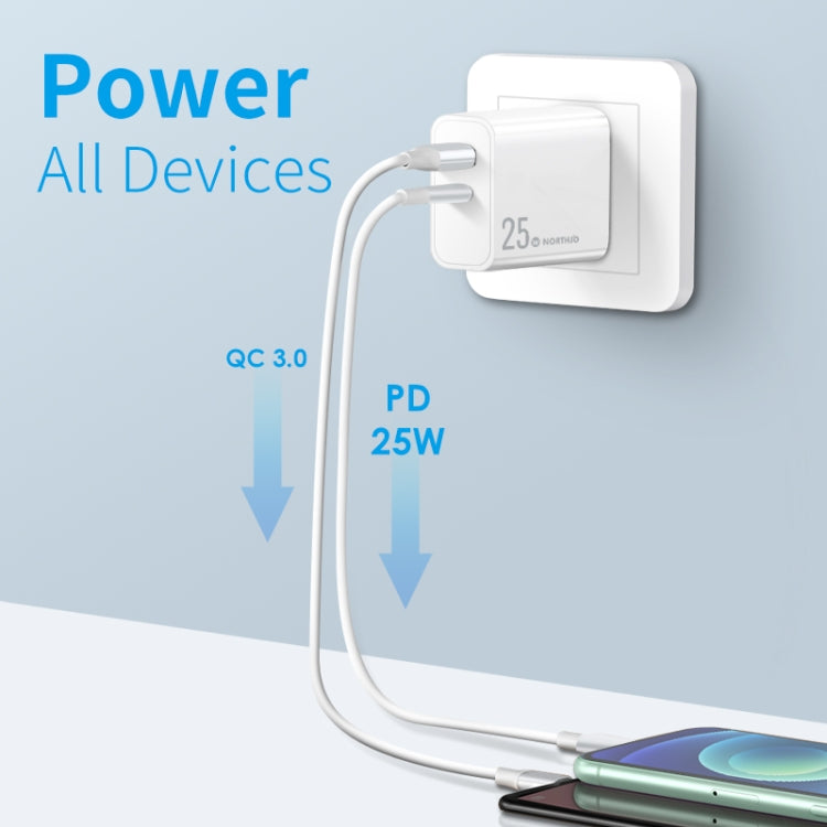 ที่ชาร์จเร็วพอร์ตคู่ NORTHJO NOPD2502 PD 25W USB-C/Type-C + QC 3.0 USB พร้อมปลั๊ก US, EU, UK, AU