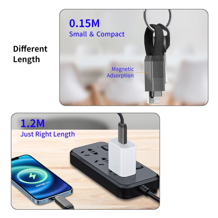 สายชาร์จและถ่ายโอนข้อมูลแม่เหล็กถักไนลอน ENKAY ENK-CB134 4-in-1 60W USB-A / Type-C เป็น 8 Pin / Type-C ยาว 0.15 ม. และ 1.2 ม.