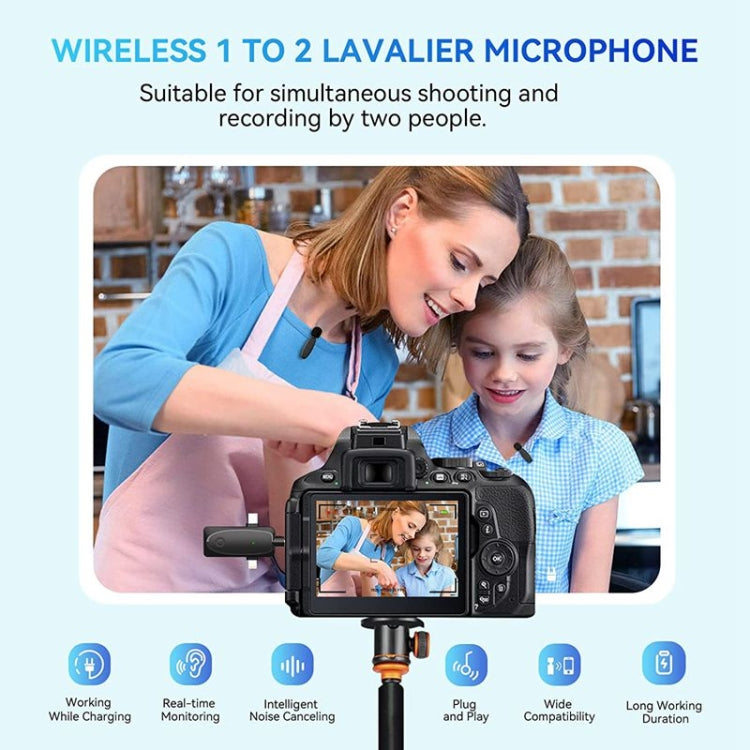 ไมโครโฟนไร้สายแบบหนีบปกเสื้อ 3 in 1 สำหรับ iPhone / Android / กล้อง พร้อมฟังก์ชันลดเสียงรบกวน, หนึ่งต่อสอง