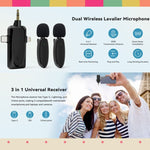 ไมโครโฟนไร้สายแบบหนีบปกเสื้อ 3 in 1 สำหรับ iPhone / Android / กล้อง พร้อมฟังก์ชันลดเสียงรบกวน, หนึ่งต่อสอง