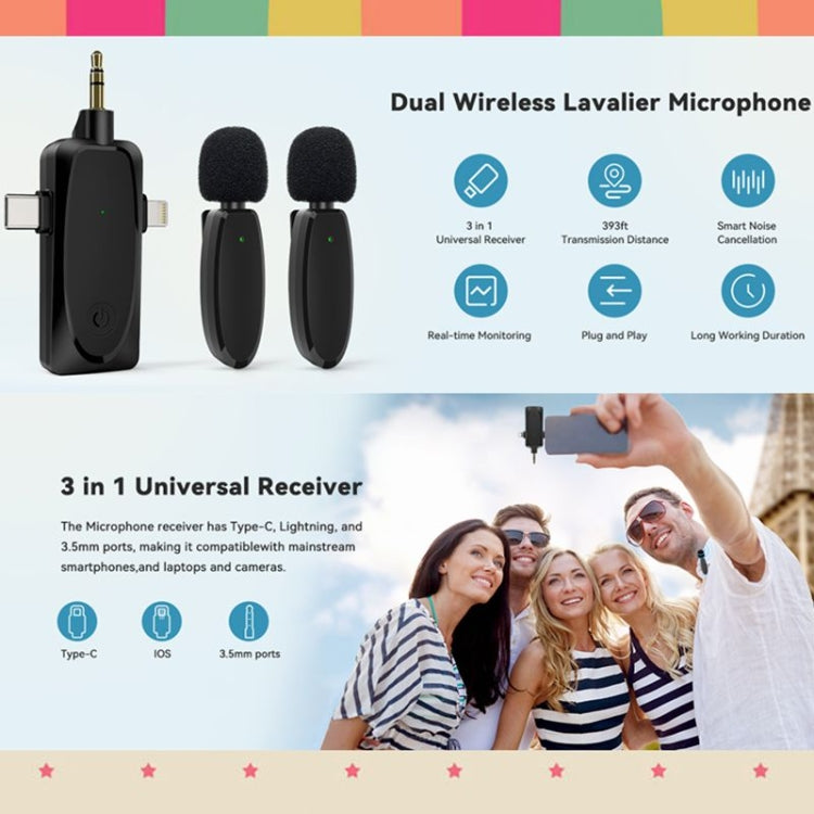 ไมโครโฟนไร้สายแบบหนีบปกเสื้อ 3 in 1 สำหรับ iPhone / Android / กล้อง พร้อมฟังก์ชันลดเสียงรบกวน, หนึ่งต่อสอง