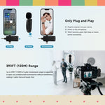 ไมโครโฟนไร้สายแบบหนีบปกเสื้อ 3 in 1 สำหรับ iPhone / Android / กล้อง พร้อมฟังก์ชันลดเสียงรบกวน, หนึ่งต่อสอง
