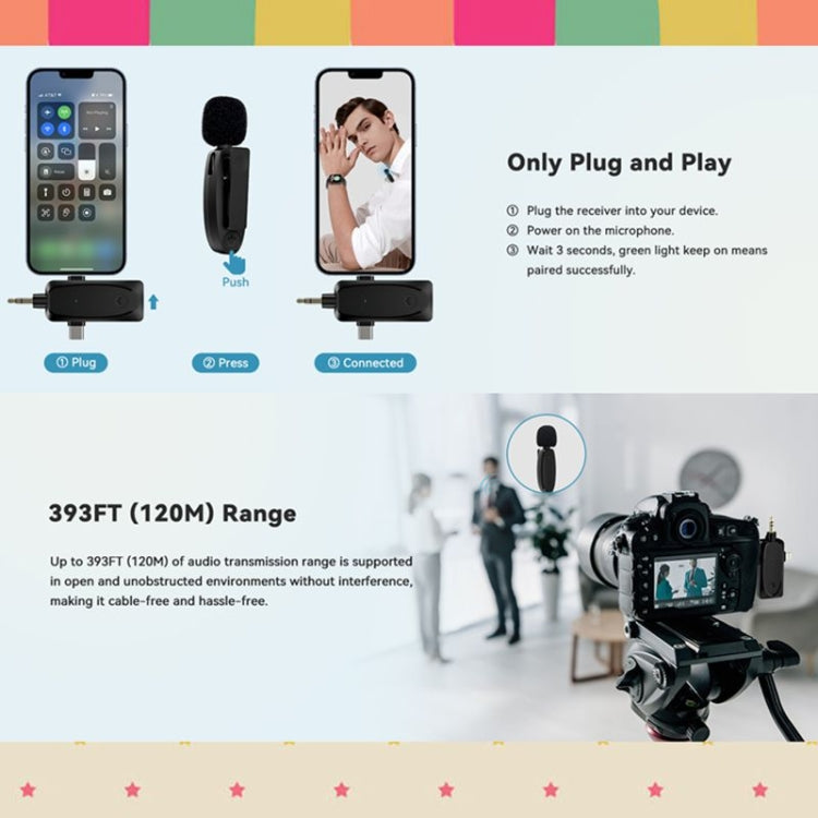 ไมโครโฟนไร้สายแบบหนีบปกเสื้อ 3 in 1 สำหรับ iPhone / Android / กล้อง พร้อมฟังก์ชันลดเสียงรบกวน, หนึ่งต่อสอง