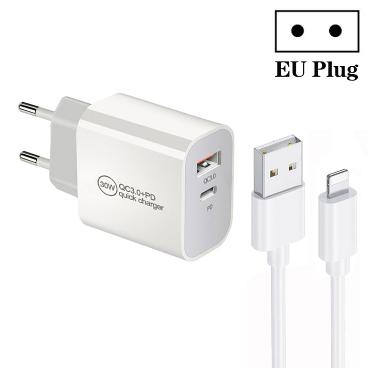 PD30W USB-C / Type-C + QC3.0 USB พอร์ตคู่ ที่ชาร์จพร้อมสายข้อมูล USB 1 เมตร เป็น 8 พิน, ปลั๊ก EU, ปลั๊ก US, ปลั๊ก AU