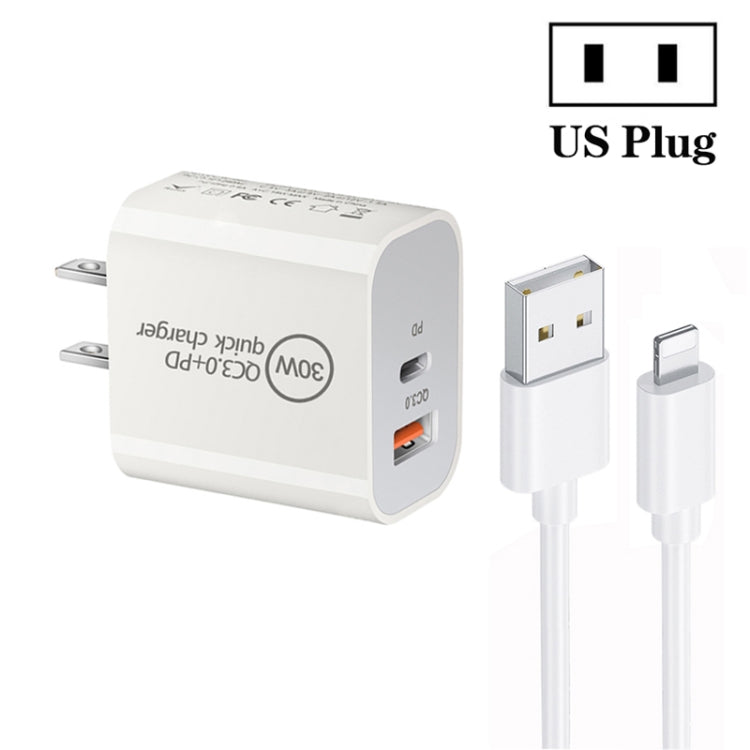 PD30W USB-C / Type-C + QC3.0 USB พอร์ตคู่ ที่ชาร์จพร้อมสายข้อมูล USB 1 เมตร เป็น 8 พิน, ปลั๊ก EU, ปลั๊ก US, ปลั๊ก AU