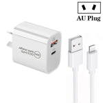 PD30W USB-C / Type-C + QC3.0 USB พอร์ตคู่ ที่ชาร์จพร้อมสายข้อมูล USB 1 เมตร เป็น 8 พิน, ปลั๊ก EU, ปลั๊ก US, ปลั๊ก AU