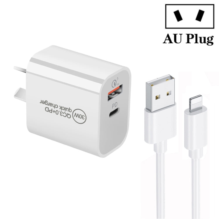 PD30W USB-C / Type-C + QC3.0 USB พอร์ตคู่ ที่ชาร์จพร้อมสายข้อมูล USB 1 เมตร เป็น 8 พิน, ปลั๊ก EU, ปลั๊ก US, ปลั๊ก AU