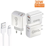 PD30W USB-C / Type-C + QC3.0 USB พอร์ตคู่ ที่ชาร์จพร้อมสายข้อมูล USB 1 เมตร เป็น 8 พิน, ปลั๊ก EU, ปลั๊ก US, ปลั๊ก AU