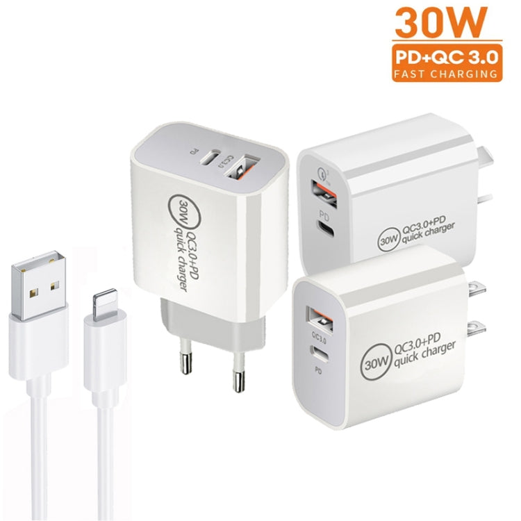 PD30W USB-C / Type-C + QC3.0 USB พอร์ตคู่ ที่ชาร์จพร้อมสายข้อมูล USB 1 เมตร เป็น 8 พิน, ปลั๊ก EU, ปลั๊ก US, ปลั๊ก AU