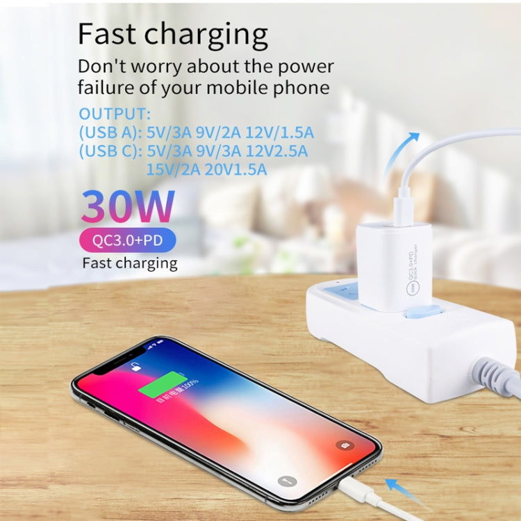 PD30W USB-C / Type-C + QC3.0 USB พอร์ตคู่ ที่ชาร์จพร้อมสายข้อมูล USB 1 เมตร เป็น 8 พิน, ปลั๊ก EU, ปลั๊ก US, ปลั๊ก AU