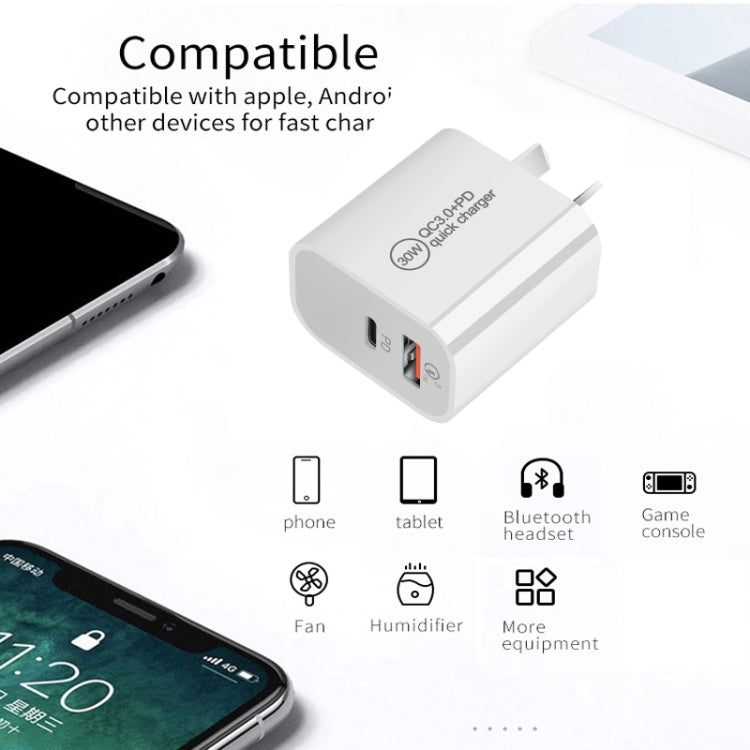 PD30W USB-C / Type-C + QC3.0 USB พอร์ตคู่ ที่ชาร์จพร้อมสายข้อมูล USB 1 เมตร เป็น 8 พิน, ปลั๊ก EU, ปลั๊ก US, ปลั๊ก AU