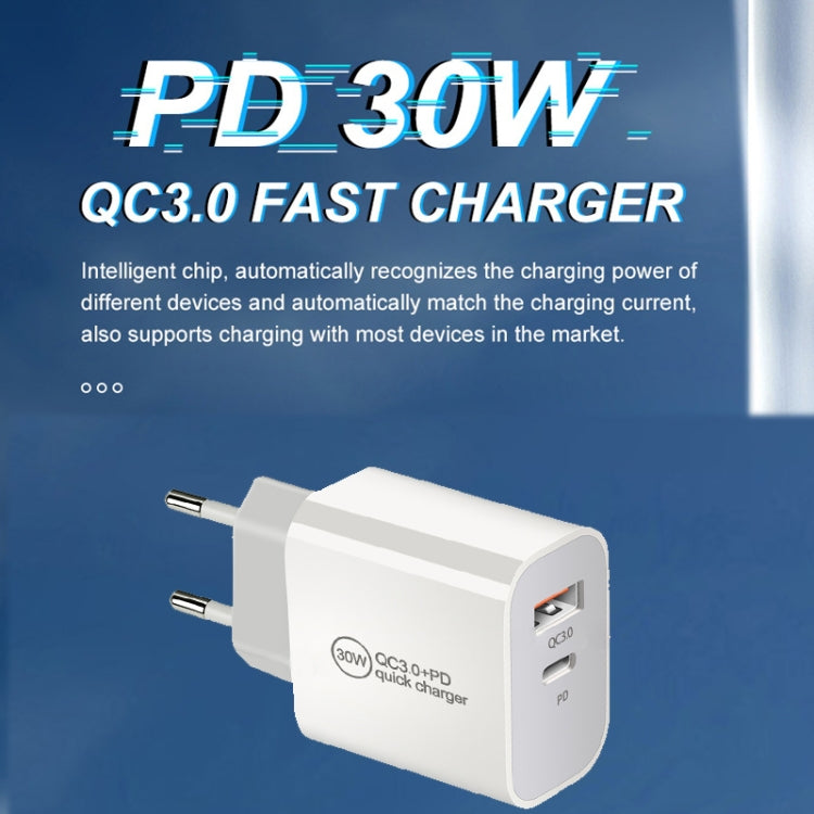 PD30W USB-C / Type-C + QC3.0 USB พอร์ตคู่ ที่ชาร์จพร้อมสายข้อมูล USB 1 เมตร เป็น 8 พิน, ปลั๊ก EU, ปลั๊ก US, ปลั๊ก AU