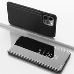 เคสโทรศัพท์หนังแบบพลิกพร้อมกระจกเคลือบเงาแนวนอนและที่ยึด สำหรับ iPhone 16 Pro, สำหรับ iPhone 16 Plus, สำหรับ iPhone 16, สำหรับ iPhone 15 Pro Max, สำหรับ iPhone 15 Pro, สำหรับ iPhone 15 Plus