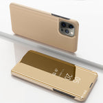 เคสโทรศัพท์หนังแบบพลิกพร้อมกระจกเคลือบเงาแนวนอนและที่ยึด สำหรับ iPhone 16 Pro, สำหรับ iPhone 16 Plus, สำหรับ iPhone 16, สำหรับ iPhone 15 Pro Max, สำหรับ iPhone 15 Pro, สำหรับ iPhone 15 Plus