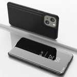 เคสโทรศัพท์หนังแบบพลิกพร้อมกระจกเคลือบเงาแนวนอนและที่ยึด สำหรับ iPhone 16 Pro, สำหรับ iPhone 16 Plus, สำหรับ iPhone 16, สำหรับ iPhone 15 Pro Max, สำหรับ iPhone 15 Pro, สำหรับ iPhone 15 Plus
