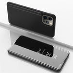 เคสโทรศัพท์หนังแบบพลิกพร้อมกระจกเคลือบเงาแนวนอนและที่ยึด สำหรับ iPhone 16 Pro, สำหรับ iPhone 16 Plus, สำหรับ iPhone 16, สำหรับ iPhone 15 Pro Max, สำหรับ iPhone 15 Pro, สำหรับ iPhone 15 Plus