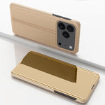 เคสโทรศัพท์หนังพับแนวนอนกระจกชุบพร้อมที่วาง สำหรับ iPhone 17e / 16e, สำหรับ iPhone 17 Pro Max, สำหรับ iPhone 17 Pro, สำหรับ iPhone 17, สำหรับ iPhone Air, สำหรับ iPhone 16 Pro Max
