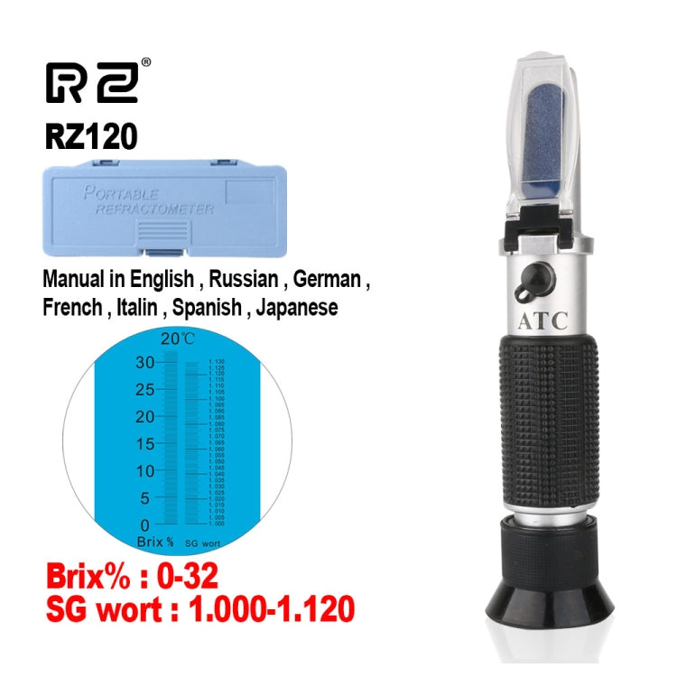 RZ120 เครื่องวัดความเข้มข้นน้ำตาลเบียร์แท้ เครื่องวัดความหนาแน่นแอลกอฮอล์ Wort Brix แบบมือถือ ไฮโดรมิเตอร์