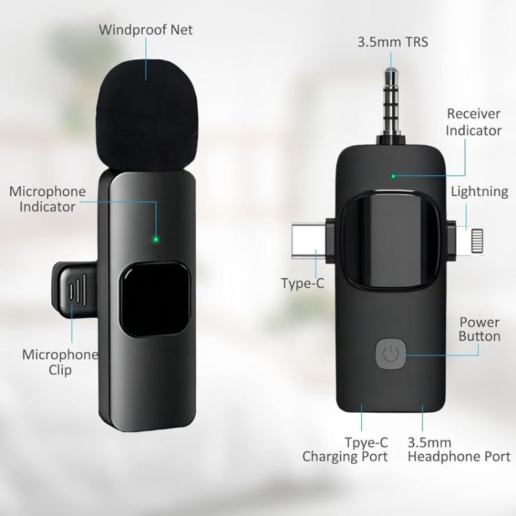 ไมโครโฟนไร้สายแบบหนีบปกสำหรับ iPhone / Android, 2 in 1, 3 in 1