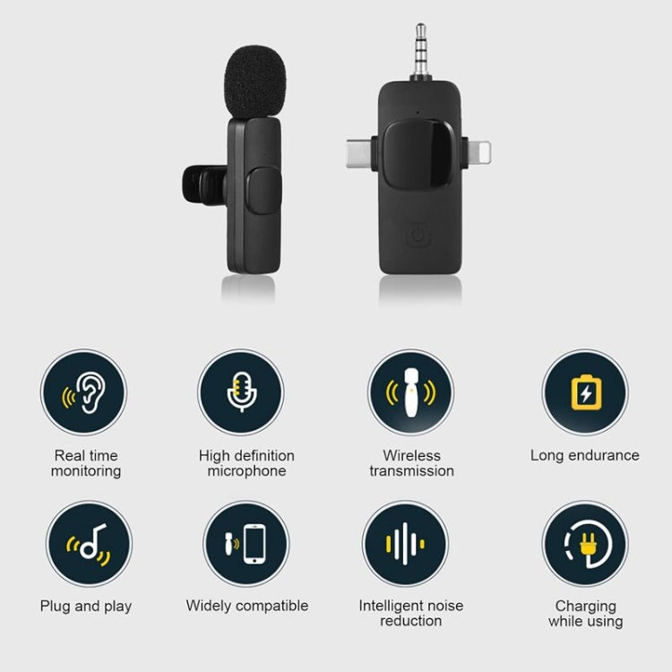 ไมโครโฟนไร้สายแบบหนีบปกสำหรับ iPhone / Android, 2 in 1, 3 in 1