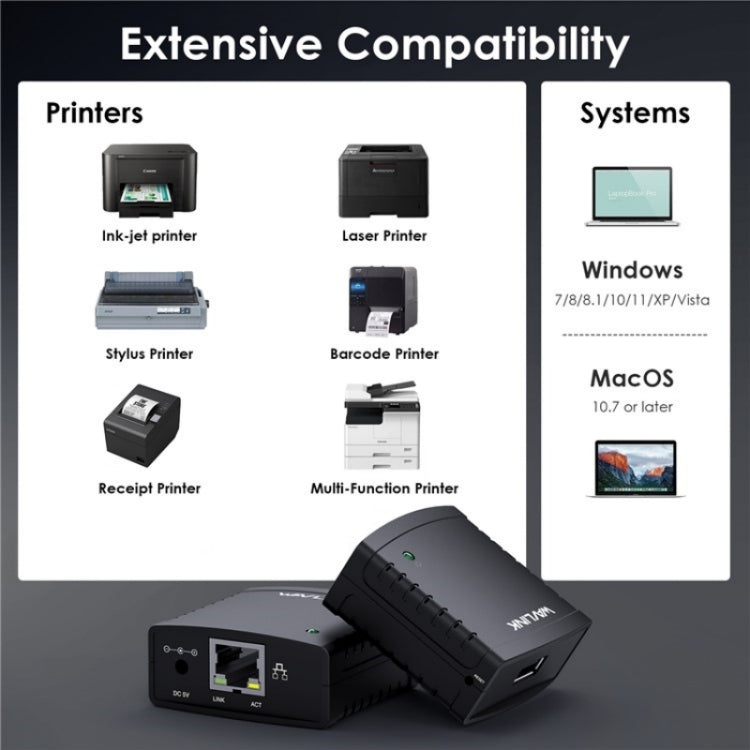 WAVLINK NU72P11 เซิร์ฟเวอร์เครื่องพิมพ์เครือข่าย 100Mbps USB 2.0 พร้อมอะแดปเตอร์ไฟสำหรับเครื่องพิมพ์เครือข่าย, ปลั๊ก US, ปลั๊ก UK, ปลั๊ก EU, ปลั๊ก AU