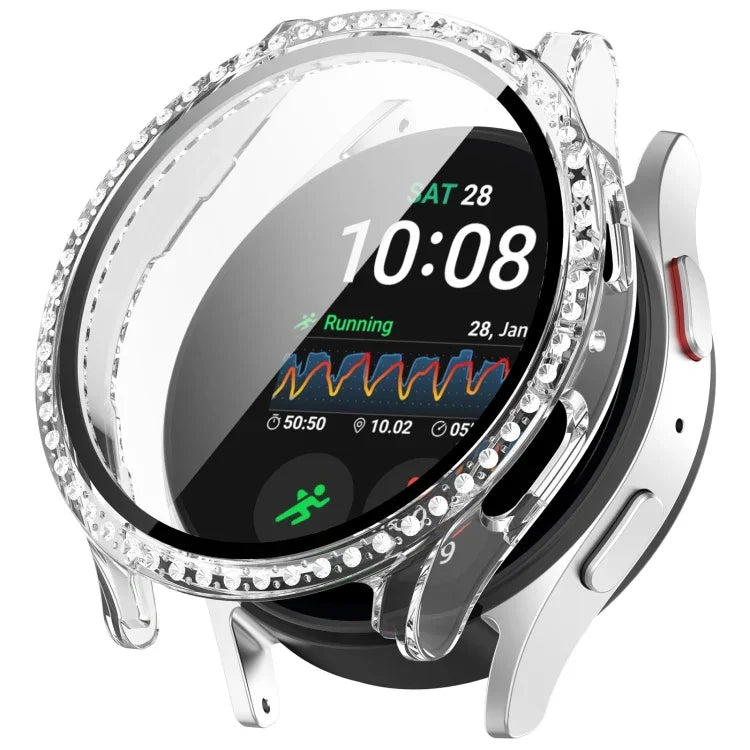 Single Row Diamond PC + Tempered Film Integrated Watch Protective Case, For Samsung Galaxy Watch 7 44mm, For Samsung Galaxy Watch 7 40mm